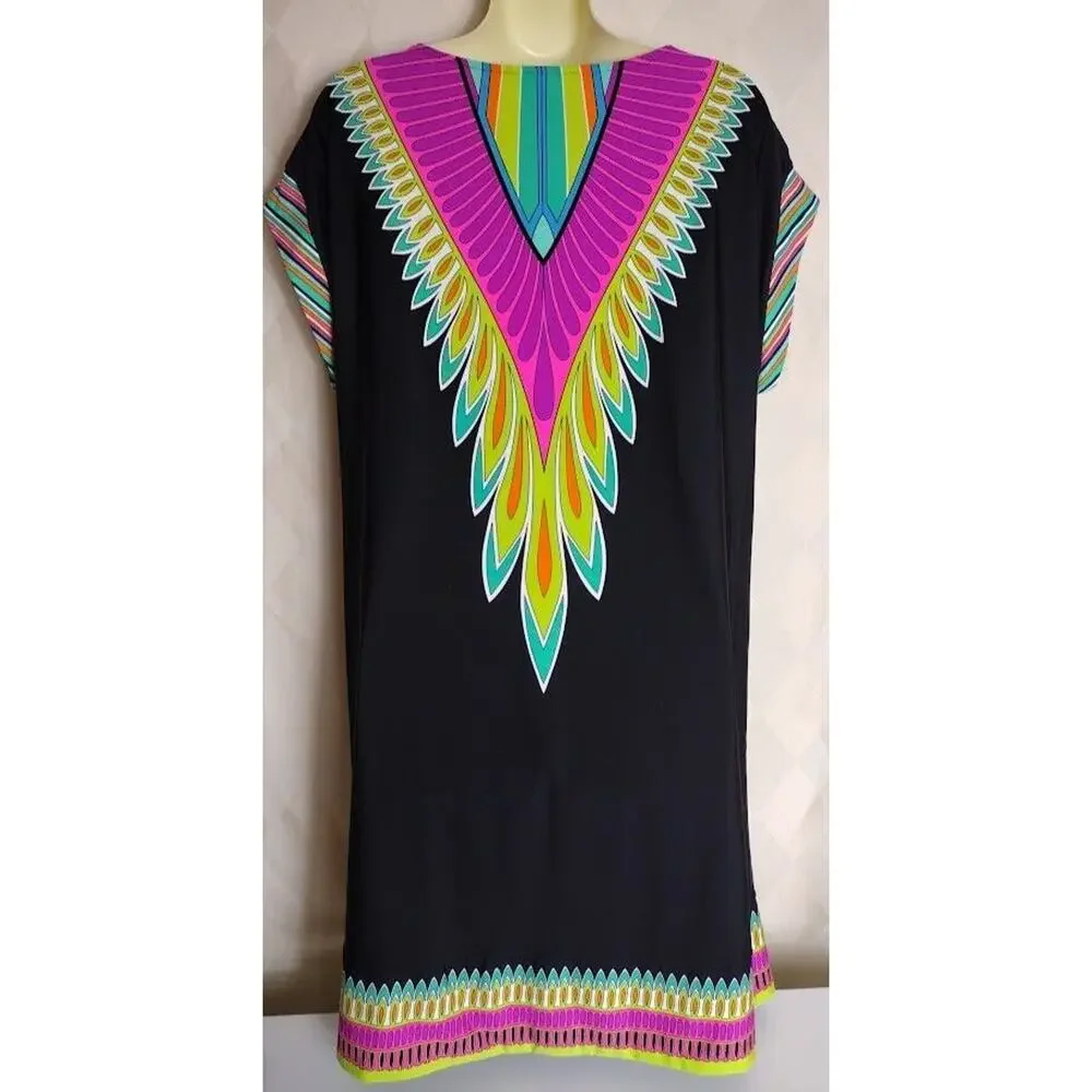 Trina Turk Cap Sleeve Boxy Shift Dress, Black Multi, Sz M‎